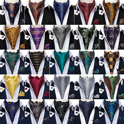 USA Men's Ascot Cravat Tie Silk Paisley Floral Check Hanky Cufflinks Set Wedding • $11.59
