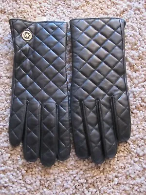  NWOT Size P Michael Kors Black Leather Quilted Lined Gloves MK Silver Logo $88 • $29.59
