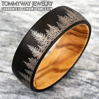 8mm Tungsten Carbide Men's Black Forest Tree Scene Olive Wood Wedding Band Ring • $15.99