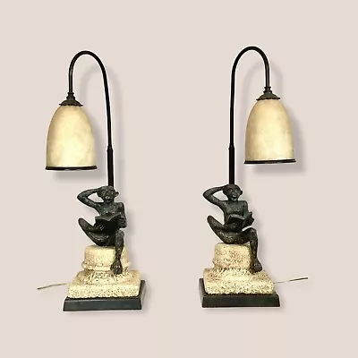 Vintage Monkey Lamps Pair Maitland- Smith Bronz And Alabaster Table Lamps • $2750