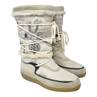 Vintage Tecnica Womens 37 US 6.5-7 Goat Fur Winter Ski Boots White Embroidered • $149.99