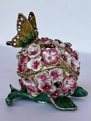 Jeweled Floral Box W Butterfly Hand Made With Swarovski Crystal Enamel Pink • $45.99