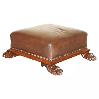 Antique Regency Circa 1815 Brown Leather Rosewood Lion's Hairy Paw Footstool • $2158.01