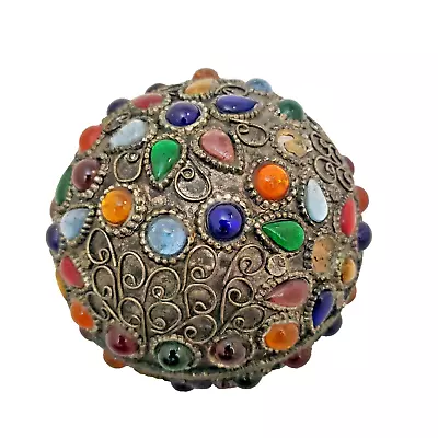 Arab  Hand Hammered Silver Metal Decorative Orb Sphere Jeweled 4.5  D • $18.95