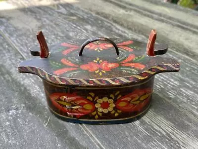 Antique Norwegian Tine Box Rosemaled Red Yellow Rosemaling Norway Scandinavian • $695