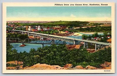 Manhattan KS~Air View Pillsbury Drive Over Kansas River~Vintage Linen Postcard • $3.70