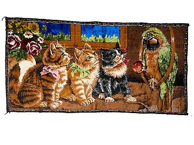 $56.70 • Buy Vintage Large Carpet Wall Tapestry Kittens Parrot Kitsch Cat Kitties Bird 19X38