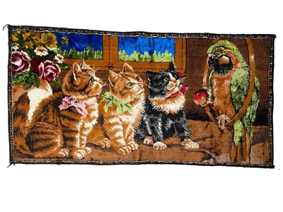 $56.70 • Buy Vintage Large Carpet Wall Tapestry Kittens Parrot Kitsch Cat Kitties Bird 19X38