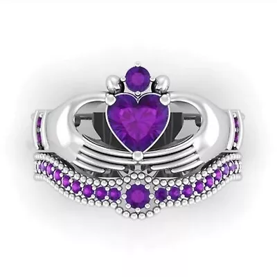 Claddagh Solitaire Ring Purple Cubic Zirconia Stacking Engagement Wedding Set • $19.99