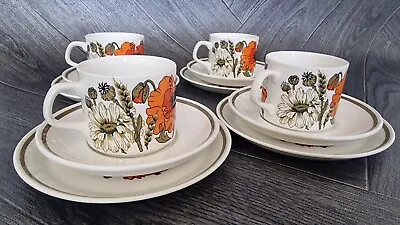 Meakin Poppy Pattern Tea Cups And Saucers Side Plate Trios X 4 MCM Retro • £18