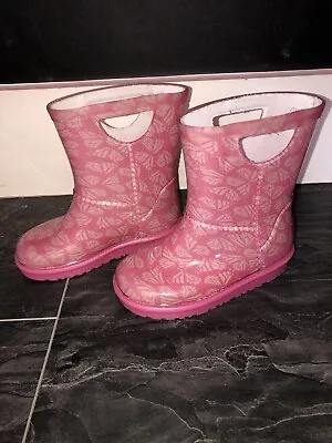 Genuine UGG Rain Boots Wellies Rahjee Pink Butterfly 5 6 Hatley Liners EU 22 23 • $21.79