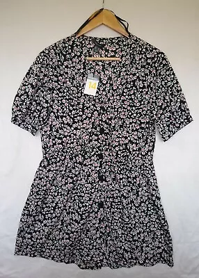 PRIMARK UK14 Black Red White Floral Playsuit Button Up V-Neck Short Sleeve  NEW • £4.99