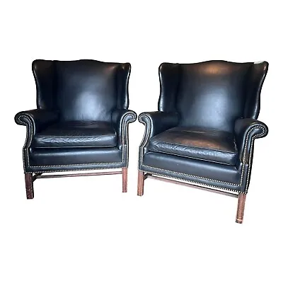 Pair Of Vintage Georgian Style Leather And Brass Bound Mahogany Wing Armchairs • $1200