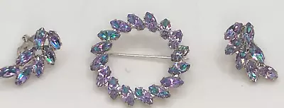 Vtg B David Blue Purple AB Marquise Silver Tone Brooch & Earring Set ~ On Card • $40.47