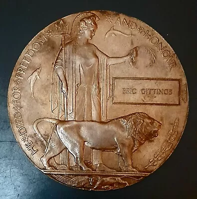 £212 • Buy WW1 Memorial Death Plaque. ERIC GITTINGS 1914-1918. First World War. HARIASTAMP 