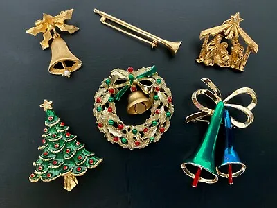 Christmas Pin Brooch Lot Gold Tone Bell DODDS Wreath Tree Nativity Horn Vintage • $29.99