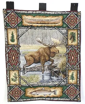 Moose Lodge Salmon Pine Canoe Tapestry Cotton Blend Jacquard Wall Hanging 25x31 • $49.95