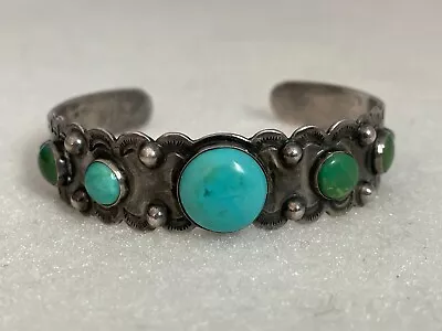 Old Fred Harvey Era Navajo Indian Handmade Coin Silver Turquoise Row Bracelet • $300