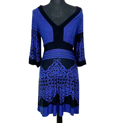 VENUS Long Sleeve V-Neck Dress Ties In Back Blue Black S 53-18 • $10.60
