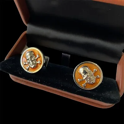 Robert Talbott Chelsea Cuff Links NWT Orange Skull & Crossbones Chrome $325 • $125