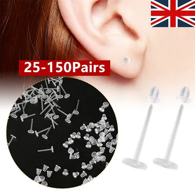 50 100 150Pairs Invisible Clear Earrings Plastic Studs Earring Backs Work School • £3.05