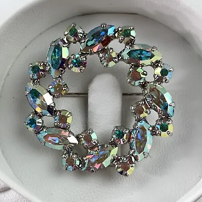 VTG  B. David Wreath Brooch AB Aurora Borealis Navette Crystal Silver Tone Pin • $28