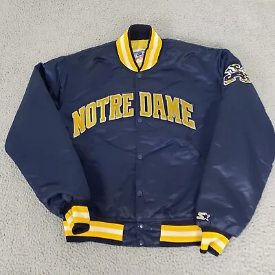 VINTAGE Notre Dame Fighting Irish Jacket Mens Large Blue Satin Bomber Spell Out • $90