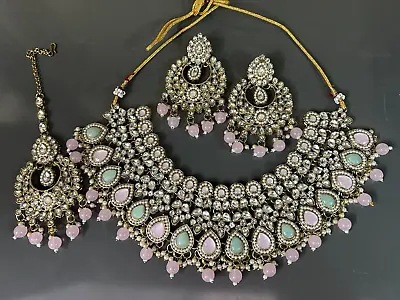 Indian Bollywood Gold Plated Kundan Choker Bridal Necklace Earrings Jewelry Set • $32.55