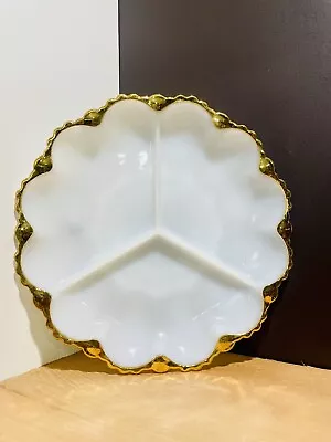 Vintage White Milk Glass Divided Dish Serving Platter Gold Scalloped Rim MCM ~9” • $14.99