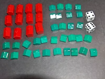 MONOPOLY Replacement Pieces Parts -    32 Green HOUSES 12 Red HOTELS 2 DICE • $1.98