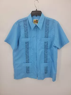 Haband Guayabera Shirt Mens Med Blue Embroidered Button Up Pockets Embroidered • $23.85