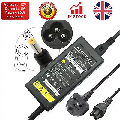 Netbook AC Power Supply Adapter DC 12 Volt 5 Amp (12V 5A) LCD Monitor Laptop PSU • £11.49