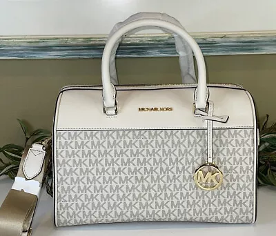 Michael Kors Travel Medium Duffle Satchel Bag Shoulder Mk Light Cream White Logo • $139.99