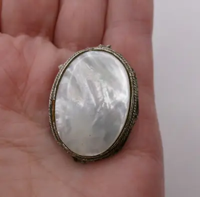 Vtg Tacoa Mother Of Pearl Brooch Pin White With Silver Tone Metal Signed TLC • $14.99