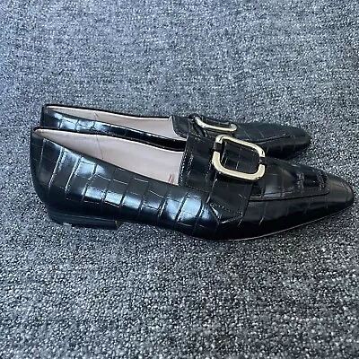 Zara Mock Croc Loafers Gold Buckle Black Flats Square Women’s Size EU 37 US 7 • $24