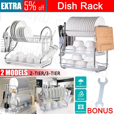 Dish Drying Rack Kitchen Plate Cup Holder Cutlery Drainer Tray Rack 3 Tier Steel • $34.99