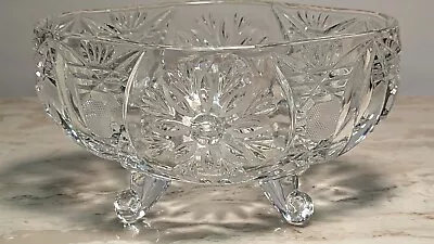 Vintage Art Deco 3 Footed Etched Star Heavy Leaded Crystal Bowl Candy Dish • $29.98