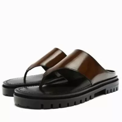 ZARA Women’s Size 40 US 10 Brown Black Slip-On Lug Sole Flat Thong Sandals NEW • $50