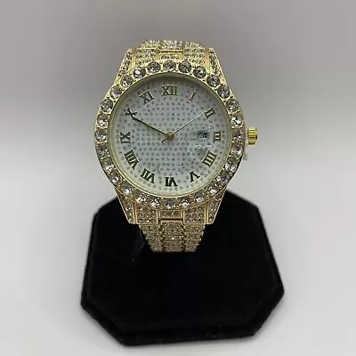 Unisex Iced Out Gold Colour Circle Quartz CZ Watch Roman Numerals • £24.99