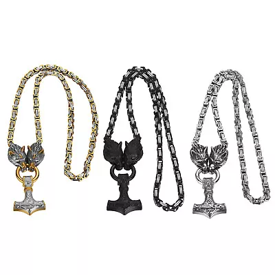 Mens Viking Wolf Thor Hammer Pendant Stainless Steel Necklace Norse Mjolnir Odin • $60.99