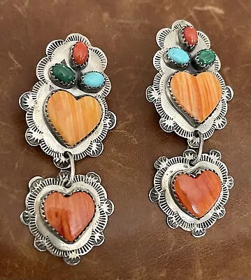 Vintage Navajo 925 Heart Shape Spiny Oyster Coral & Turquoise Stamped Earrings • $225