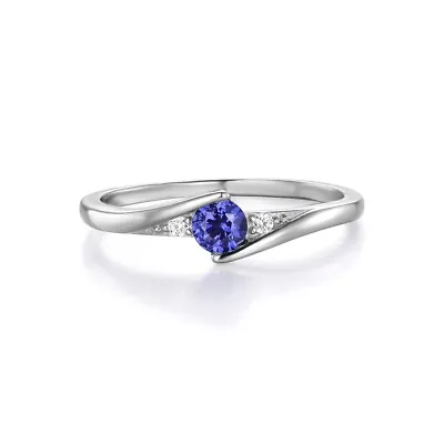 Ladies 925 Silver Sterling Tanzanite Solitaire With White Sapphire Ring Size T • £16.87