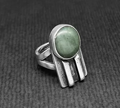 Vtg SIGNED Modernist Sterling GEOMETRIC RING Nephrite Jade US 1950s MCM Size 6 • $125