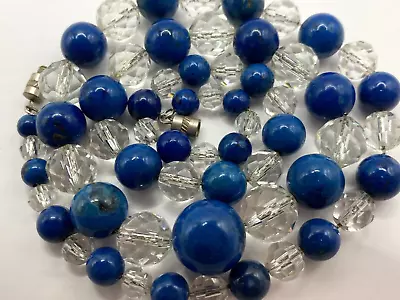 Vintage Jewellery BLue Stone Lapiz Agate & Crystal Bead Chain Necklace • £32