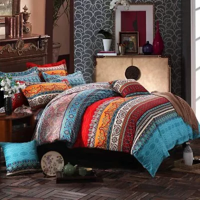 Bohemian Quilt Cover Striped Boho Floral Mandala Blue Duvet Cover Set - ALL SIZE • $49