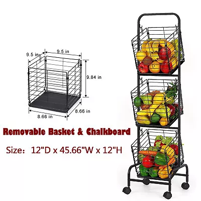 3 Tier Fruit Basket Storage Stand With Wheel Metal Wire Hanging Basket Removable • $29.99