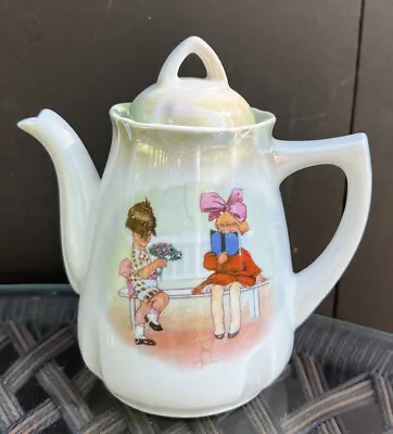 German Iridescent Lusterware Small Teapot Boy With Flowers Girl With Book VTG • $19.95