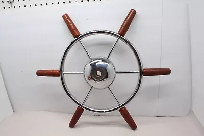 Vintage 6 Spoke Ship/Boat Steering Pilot Wheel Chrome With Wooden Handles 22  • $124.99