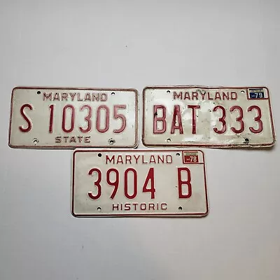 Vtg 1970s Maryland License Plate Lot 3 Historic State White Red 70s KNP • $14