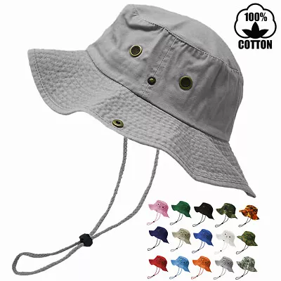 100% Premium Cotton Bucket Hat Fishing Sun Safari With Chin Strap Boonie Cap Hat • $11.99